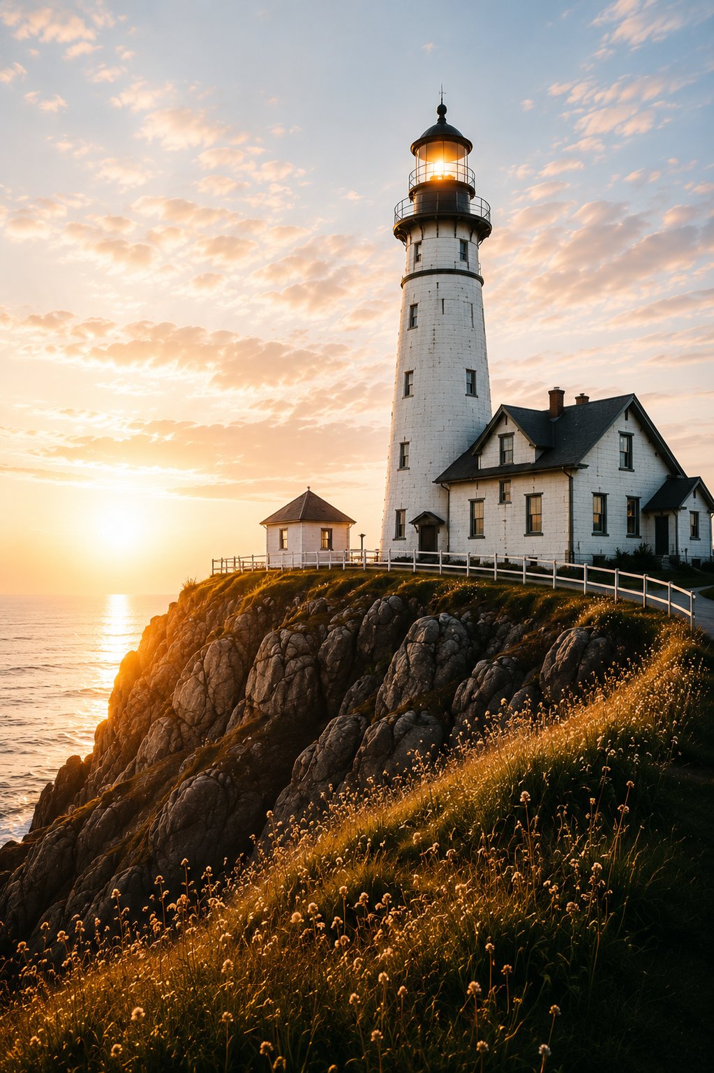 Lighthouse on a cliff at sunset overlooking the ocean, with wildflowers in the foreground